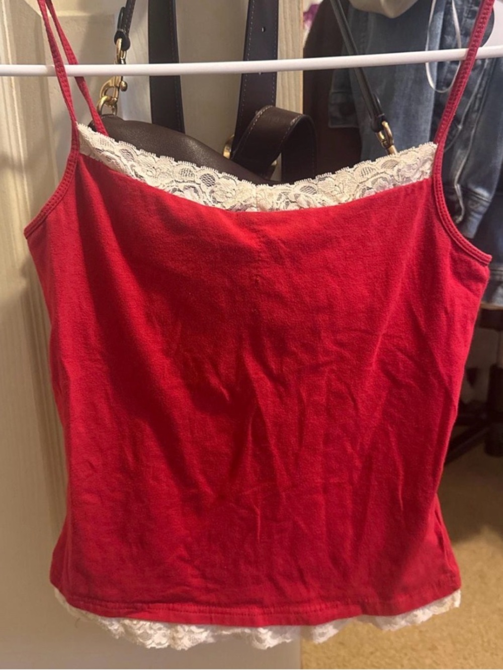 Faded Glory Red Tank Top with Cream Lace Trim